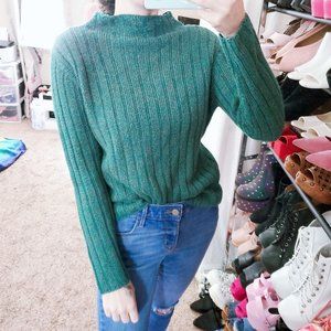 Vintage Green Mock Neck Ribbed Sweater